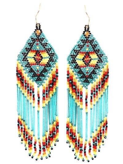 Tribal Handmade Navajo Long Seed Bead Earrings Multi Color