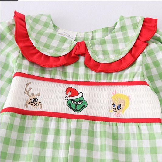 NEW Boutique Grinch Stole Christmas Baby Girls Smocked Embroidered Romper