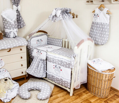 Babybett Tany mit 10-tlg Komplett-Set Bettwäsche Matratze Nestchen Maus Grau Neu