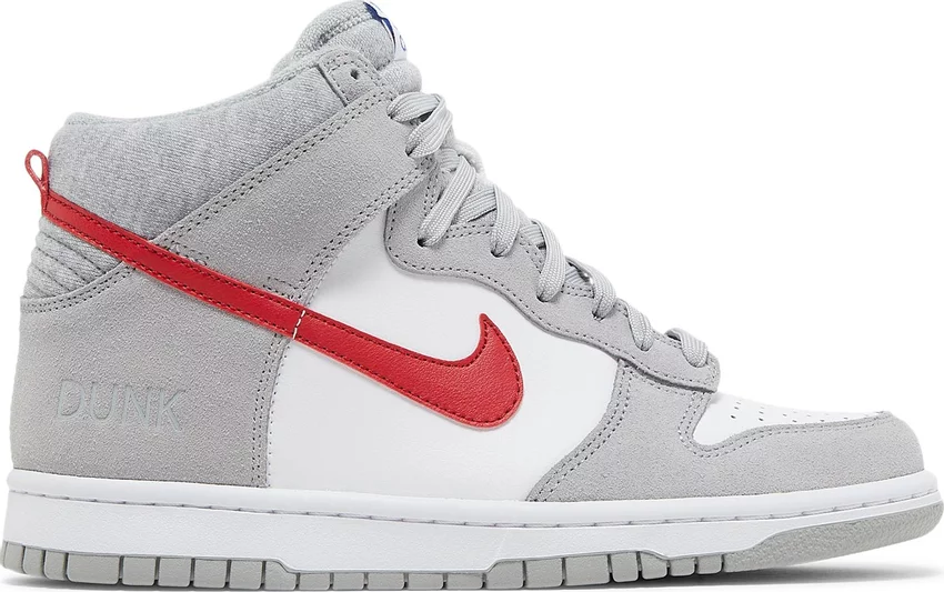 Nike Dunk High SE GS Athletic Club Light Smoke Grey Red White DH9750-001 4,5 года