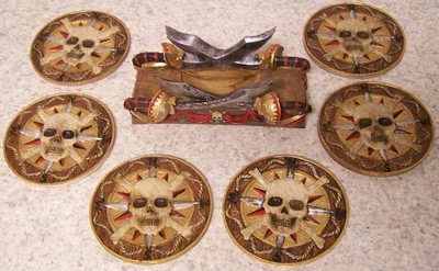 Drink Coaster Set of 6 Pirate Skull with Swords and Holder NEW
