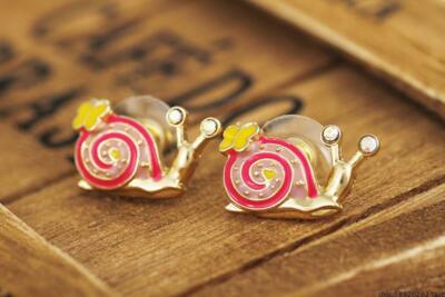 Enamel snail with a butterfly on the tail charm stud earrings