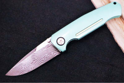 Boker 1969 Mach-1 Damascus - Green Anodized Aluminum Handle Scales / Drop Point