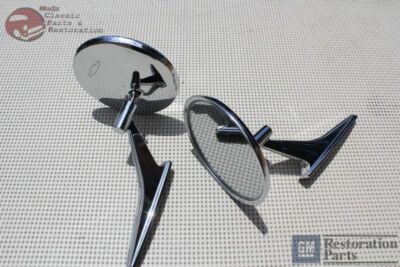 66-68 Chevy Bowtie Logo Outside Door Mounted Rear View Mirror Ribbed Base Pair