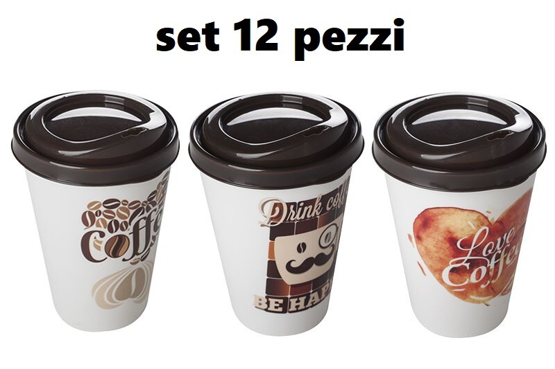 12 Pezzi Bicchiere Tazza In Plastica Con Coperchio Decorata Caffe' Cappuccino