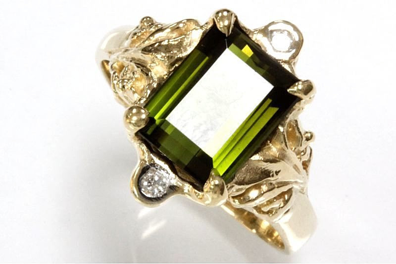 Pre-owned Jewelry By Arsa 2.6 Ctw Natural Green Tourmaline & Diamond Solid 14k Yellow Gold Cocktail Ring