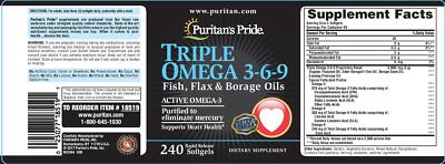 Масла рыбы, льна и огуречника Puritans Pride Triple Omega 3-6-9 - 240 капсул