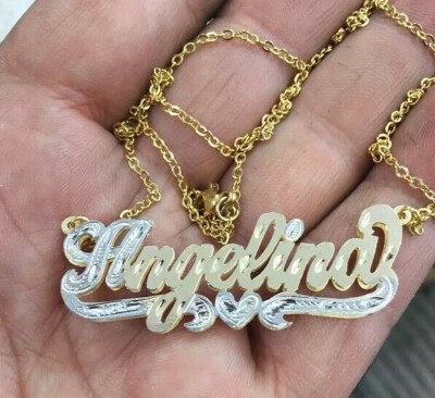 14k Gold Overlay Personalized 3D Name Necklace Plate TWO TONE/ sp1