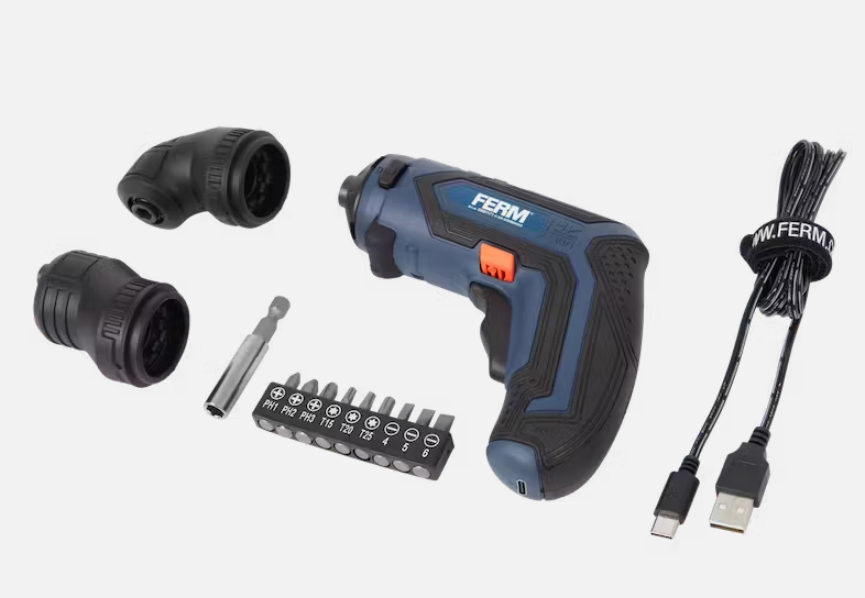 Ferm 4V LI-ION Akkuschrauber inkl Winkelaufsatz Eckaufsatz und  