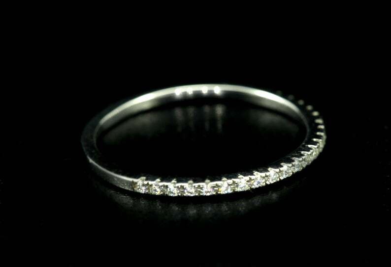 Pre-owned Handmade Diamond Wedding Band, 1.3mm Half Eternity Band, Thin Dainty Stackable Band In White