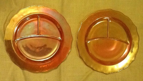 2 Marigold Carnival Normandie Divided Glass Plate Bouquet & Lattice Plate 30's