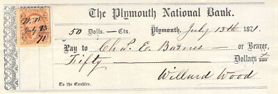 1871 PLYMOUTH CHAS BARNES WILLARD WOOD SIGNED REVENUE STAMP