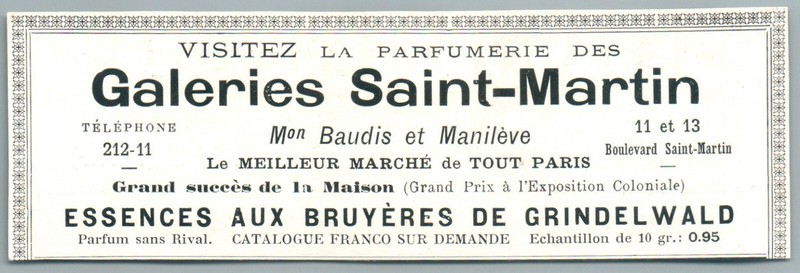1910 Parfumerie Galeries Saint Martin Baudis ManilÃ¨Ve Essence BruyÃ¨Re PublicitÃ©