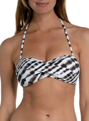 NWT- La Blanca Twist-Front Bandeau Bikini Swimsuit Top, Java/White - Size 16