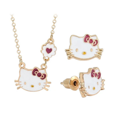 Hello Kitty Pendant Necklace and Stud Earring Set Gold Colored New