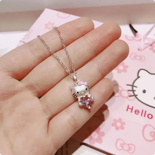 Hello Kitty Silver Necklace with Pink Heart Gem Stone New