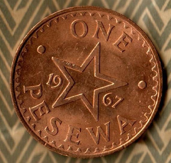 1967 UNC Ghana Africa 1 Pesewa, Freedom and Justice. Adowa Drums on Coin,