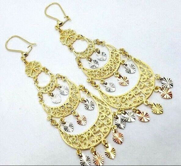 Pre-owned Handmade Gold Earring Chandelier 14k Heart Gypsy Filigree Solid Long Drop Hang 3.25" In Multicolor