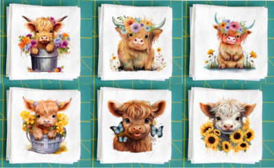 Set of 6 Highland Cow 5x5 inch Fabric Panel Quilt Blocks for quilting crafting