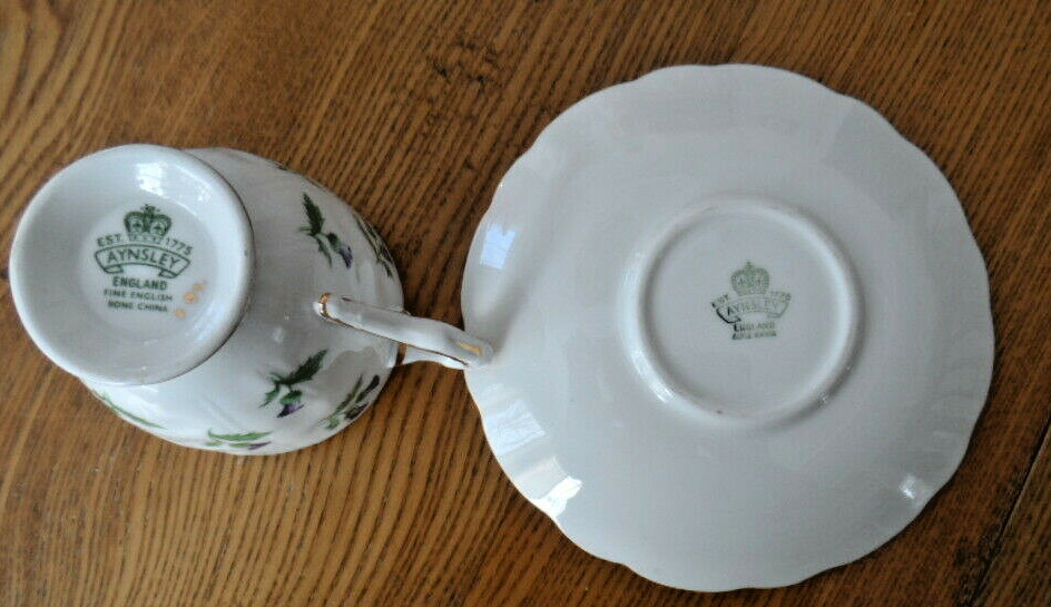 Aynsley  Demi-Tasse Cup & Saucer THISTLE Purple Bone China with gold trim