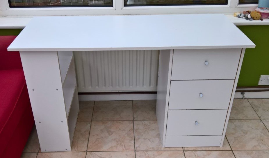 White Malibu Desk (Argos) with 3 Drawers and 3 Shelves in Lindfield