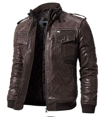Men's Leather Jacket Distressed Cafe Racer Slim Flavor Style Dark Brown Jacket