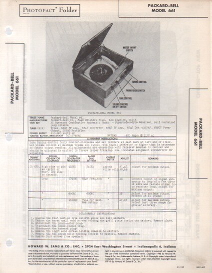 1946 PACKARD BELL 661 RECORD PLAYER SERVICE MANUAL PHOTOFACT SCHEMATIC REPAIR