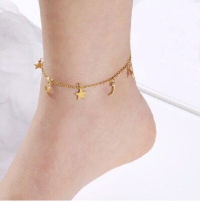 Round Cut Moon Star Women's Beauty Sea Beach Anklet 9.5in 14K Yellow Gold Plated