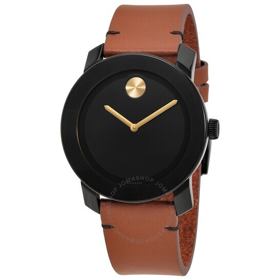Pre-owned Movado Bold 3600305 Black Museum Dial Brown Leather Band Mens Watch