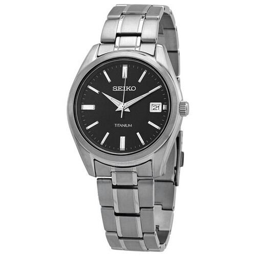 Pre-owned Seiko Classic Quartz Black Dial Grey Titanium Bracelet Men's Analog Watch Sur375