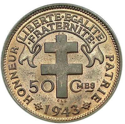 MADAGASCAR 50 CENTIMES 1943 Red & Brown UNC = ROOSTER =