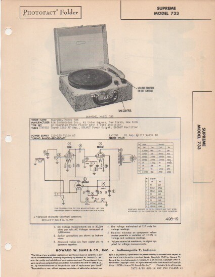 1949 SUPREME 733 RECORD PLAYER AMPLIFIER SERVICE MANUAL PHOTOFACT SCHEMATIC FIX
