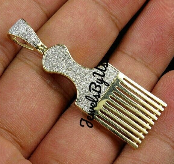 Pre-owned Nsg Men's 3ct Vvs Moissanite Afro Pick Brush Charm Pendant Yellow Gold Plated Silver