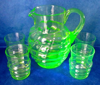 Uranium Glass Hand Blown Pitcher & 4 Tumblers Antique Art Deco ca 1920s