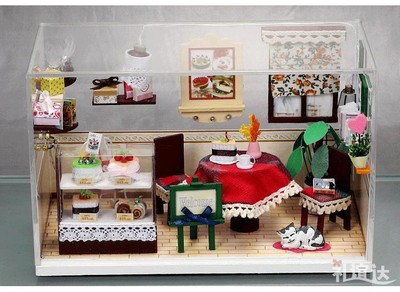 DIY crystal Box LED Light dollhouse room miniature blissful corner kit with cat