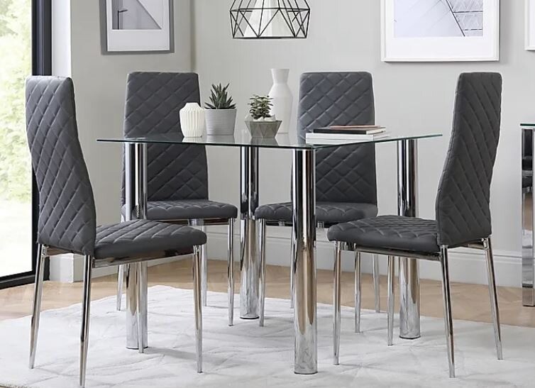 DINING TABLE & 4 CHAIRS Square Glass and Chrome Dining Table with 4