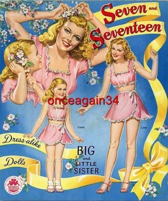 VINTAGE UNCUT 1945 SEVEN & SEVENTEEN PAPER DOLLS~#1 REPRODUCTION~NOSTALGIC/RARE!