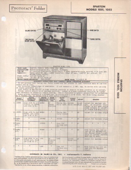 1949 SPARTON 1051 1052 RADIO SERVICE MANUAL PHOTOFACT SCHEMATIC RECORD PLAYER