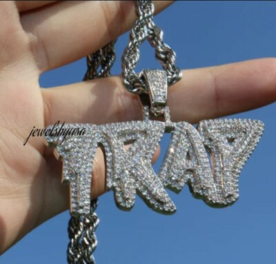 Pre-owned Nsg 1.99ct Genuine Moissanite Custom "trap" Layer Name Pendant Rope Chain 925 Silver In White