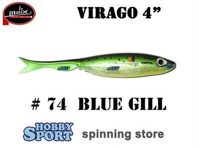 VIRAGO 4" MOLIX  COLORE 74 BLUE GILL ESCA SILICONICA SPINNING BLACK BASS SPIGOLA