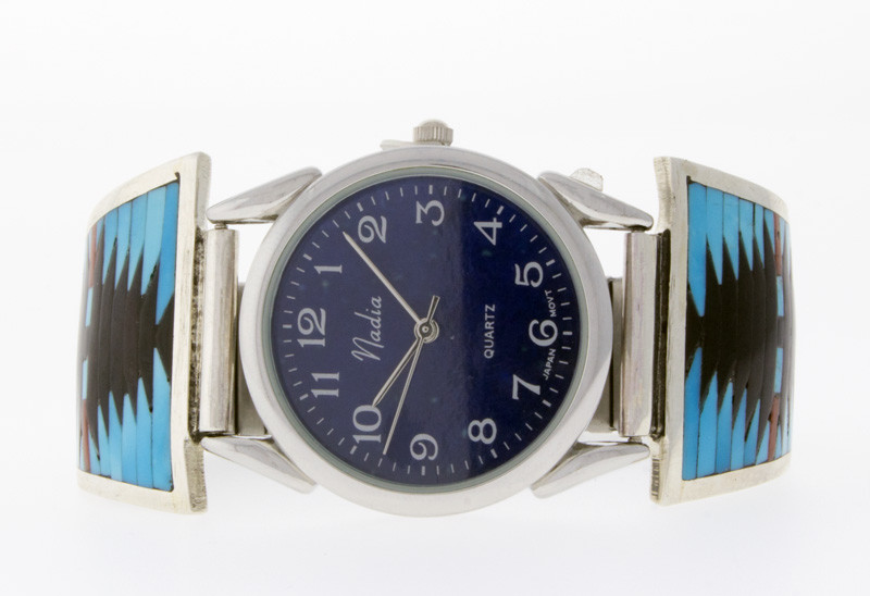 Mens Watch With Multi-Stone Inlay Watch Tips By Zuni Artist Charlotte Dishta