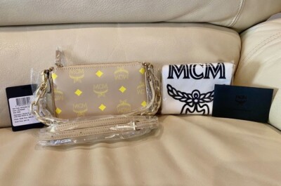 MCM Color Splash Logo Croissant Smooth Leather Mini Pouch Crossbody Handbag $630