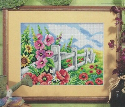 FLOWERS AT THE FENCE--Yellow, Red, & Pink Flowers--Counted Cross Stitch Pattern