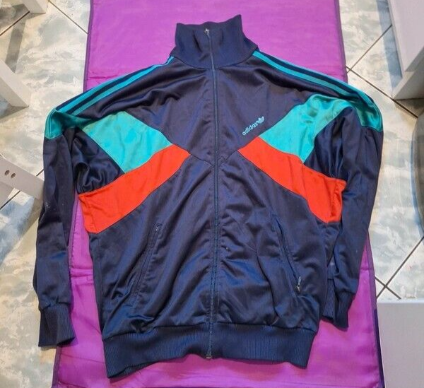 Adidas Vintage Men Track Top Navy Blue Colorful Retro Jacket