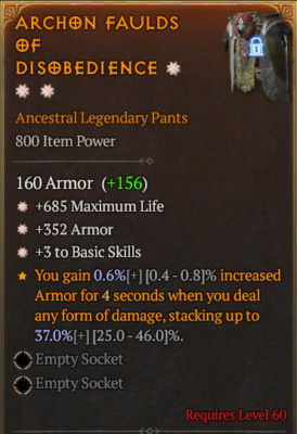   DIABLO 4   SEASON 6  Pants 3GA Basic Skills + Armor + Life