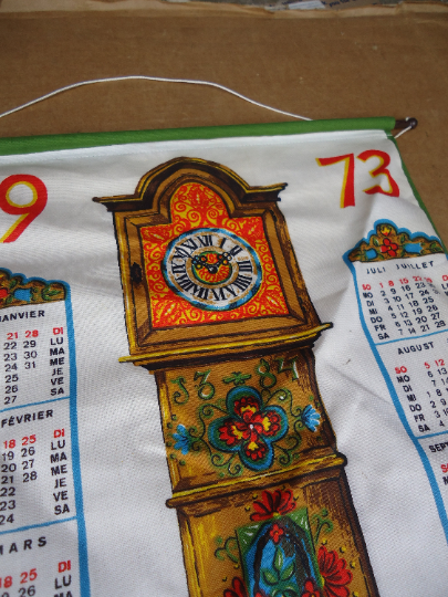 grandfather clock vintage calendar advertising,70s fabric calendar,old timers