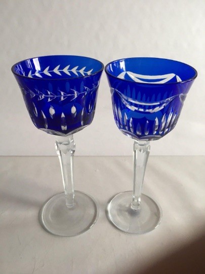 Pair German Bohemian Cut To Clear Cobalt Blue Wine Roemer Rohmer Glasses Lot