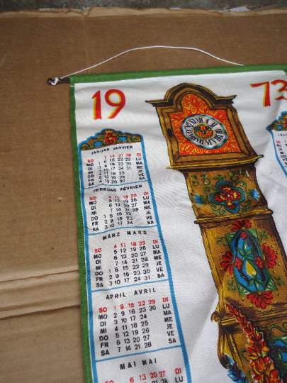 grandfather clock vintage calendar advertising,70s fabric calendar,old timers