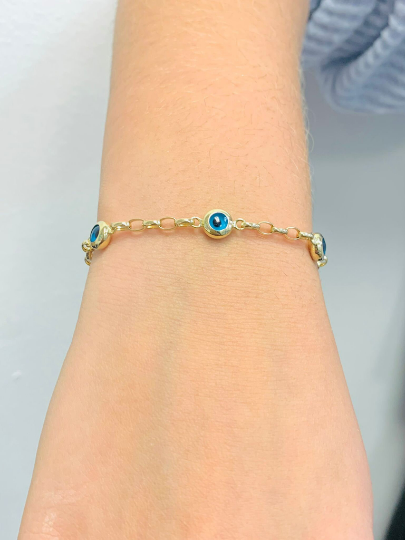 Pre-owned Isasjewelry 14k Solid Gold Navy Evil Eye Bracelet For Women's 7.25" Good Luck & Protection In White