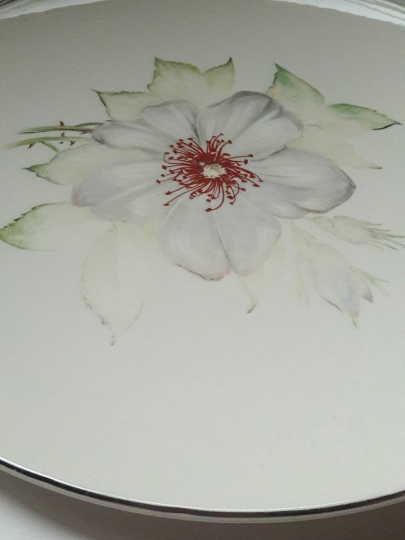 Vintage Edwin Knowles Damask Rose X-4024 White Rose Silver/Platinum Trim Plates